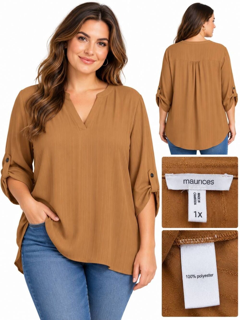 Maurices 1X Camel Brown Striped Roll Tab Blouse